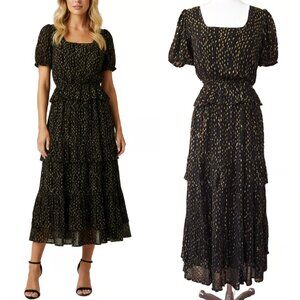 VICTORIA DUNN Black Metallic Gold Clip Dot Puff Sleeve Midi Dress Size Large